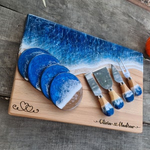 Epoxy Wave Cheese Board Set: Coastal Ocean Resin Art, Personalized Serving Tray