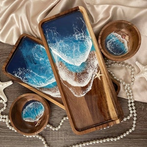 Ocean Resin Acacia Wood Tray - Epoxy Beach Art