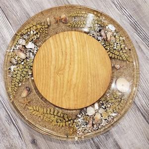 Vintage Lucite Tray  Sea Shells Abalone Starfish in Resin with Wood Cheese Tray