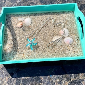 Decorative ocean sand shell CCDF tray resin beach wood wooden trinket dish seascape display watch holder coaster jewelry blue green
