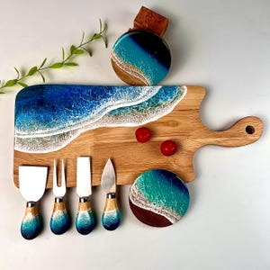 Ocean Wave Resin Charcuterie Board Set – Handmade Coastal Cheese Board with Knife Set & Coaster – Beach Hostess Gift
