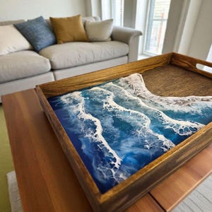 Epoxy Resin Beach Scene Tray: Large Stained Walnut Wooden Tray