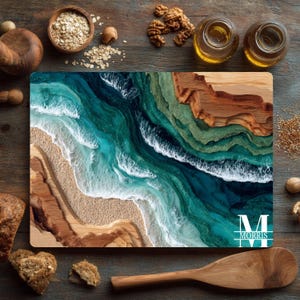 Custom Ocean Beach Resin Glass Cutting Board, Personalized Coastal Kitchen Decor, Sand & Waves Serving Platter Gift
